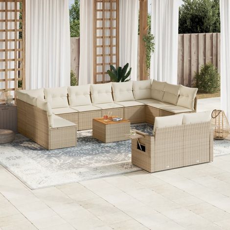 [Ensemble de Salon de Jardin] Sofa d'Extérieur 13 Pièces en Résine Tressée Beige avec Coussins Détachables et Table Acacia  Modulaire et Résistant aux UV (1/5)