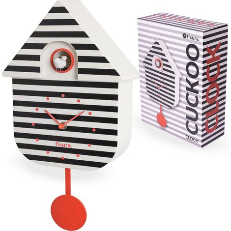 Fisura - Orologio a cucù a righe con quadrante rosso, orologio da parete originale bianco e nero, decorazione moderna e idea regalo. 3 pile AA non incluse. Dimensioni: 21,5x8x41,5 cm. Plastica ABS. (1/5)