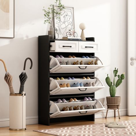 Schuhschrank 80x130 cm mit 3 Klappen und 2 Schubladen, moderner Schuhkipper aus Holz für Flur und Wohnzimmer, Schwarz/Weiß