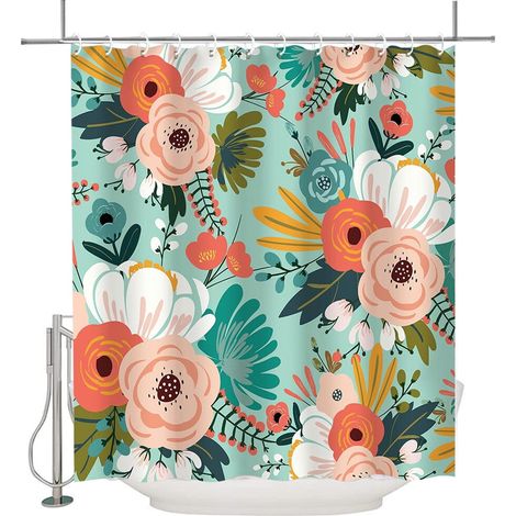 Rideau de douche fleuri avec 12 crochets, doublure imperméable style bohème, ensemble de décoration de salle de bain, 183 cm x 183 cm, cyan (1/5)