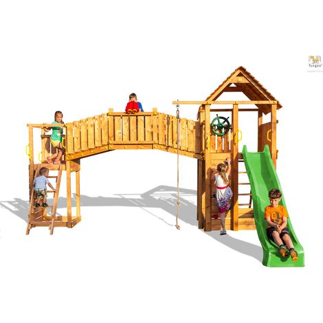 Fungoo Spielturm "Fortress TipTop Rainbow", teak, mit 2x Turm, Rutsche, Kletterwand, Griffe, Leiter, Holzdach