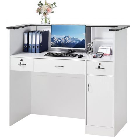VEVOR Bancone Cassa per Negozio 127,5 cm Rettangolare con Striscia Luminosa e 3 Cassetti e Armadietti Portaoggetti, per Cassiere, Salone di Bellezza, Ufficio, Hotel, Bancone Vendita, Bancone Ufficio