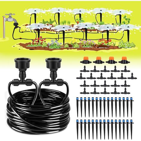 Kit di irrigazione a goccia da 30 m, sistema a connessione rapida con tubi, gocciolatori e accessori, ideale per irrigare serre, prati, patii e aiuole.
