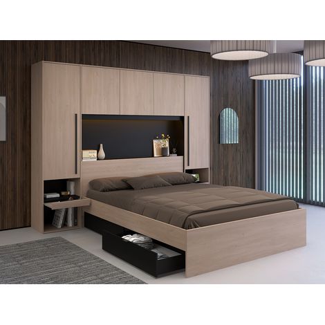 Vente-Unique – Lit pont 160 x 200 cm avec rangements – 2 tiroirs et 4 niches – Avec LEDs multicolores – Éco-responsable, fabriqué en France