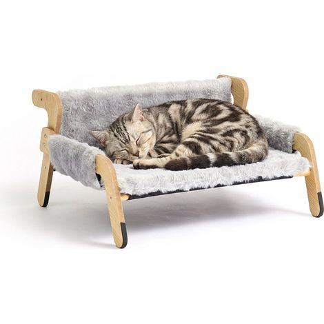 Cuccia rialzata per gatti in peluche, grigia – Struttura in pino, 53x45,5 cm (1/5)