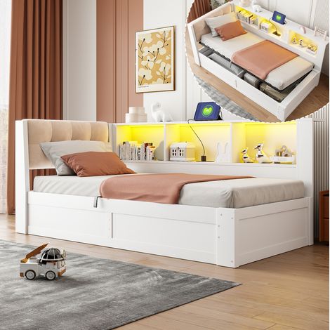 Cama con almacenaje 90 x 200 cm con elevación hidráulica, LED, USB, blanca HAVRYA (1/5)