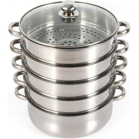 5-Lagiger Dampfkocher Gardampftopf+Glasdeckel Dampfgarer aus Edelstahl Küchenutensilien langlebig leicht zu reinigen (28cm) (1/4)