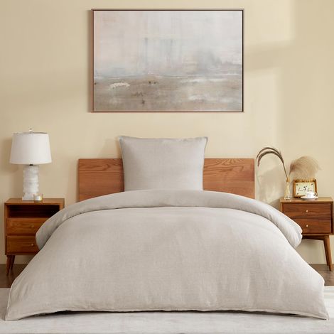 Parure de lit en lin 100 % lin français respirant - 135 x 200 cm + 1 80 x 80 cm - Housse de couette douce délavé avec fermeture éclair - Beige (1/5)