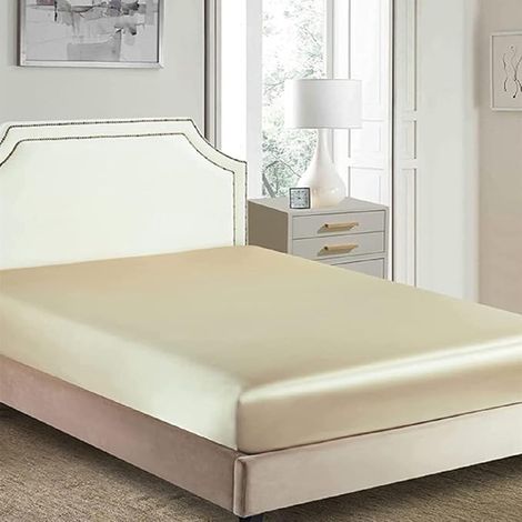 Damier Drap-housse en satin 200 x 200 cm - Beige - Soie brillante - Convient pour matelas jusqu'à 25 cm (1/3)