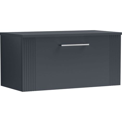 Nuie Deco Satin Soft Black 800mm Wall Hung Single Drawer Vanity Unit with Worktop - DPF1496W (1/6)