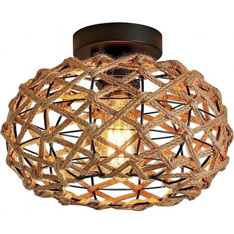 Vintage-Industrie-Deckenleuchte E27, 25 cm Durchmesser, Retro-Lampe, Lampenschirm aus Metallkäfig und Hanfseil, ideale Leuchte für Wohnzimmer, Schlafzimmer, Küche oder Loft [Energieklasse A+] (1/4)