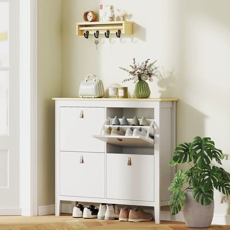 Meuble à chaussures 20 paires avec 4 tiroirs. portes rabattables. étagères amovibles et réglables. blanc
