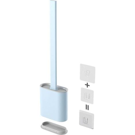 Brosse WC Silicone, Brosse Toilettes WC Suspendu en Silicone, Ensemble de Balayette WC à Séchage Rapide avec Long Manche, Balai WC Montage Mural/au Sol, Bleu clair (1/4)