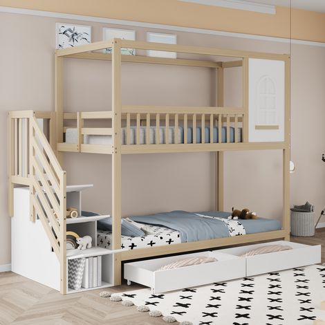 Etagenbett Massivholz Naturholz 90x200 cm mit Sicherheitsleiter, Schubladen und Lattenrosten (1/5)