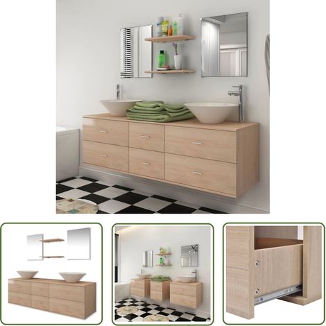 The Living Store 7-tlg. Badmöbel und Waschbecken Set Beige - Badmöbel - Badmöbel-Set - Waschtisch - Waschbecken - Holzwerkstoff (1/5)