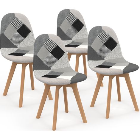 Idmarket – Lot de 4 chaises scandinaves motifs patchworks noirs, gris et blancs – Assise en polyester doux – Pieds en bois d'hévéa – Montage simple (1/5)