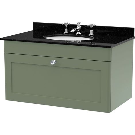 Swynnerton Traditional 1 Drawer Wall Hung Vanity Unit with Marble Basin, Satin Green, 800mm