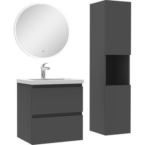 Ensemble meubles simple vasque 50cm,colonne + miroir rond lumineux Anthracite (1/5)