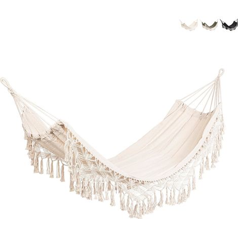 Hamac de jardin en coton style bohème chic 200x100 Eldoris YES - Blanc (1/4)