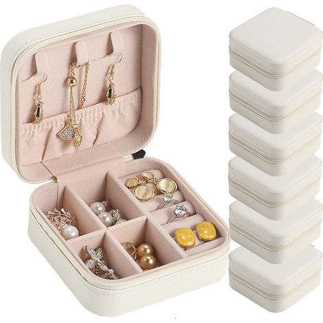 Coffret à bijoux de voyage, mini coffret à bijoux, boîte de rangement portable en cuir PU pour boucles d'oreilles, lot de 6, blanc