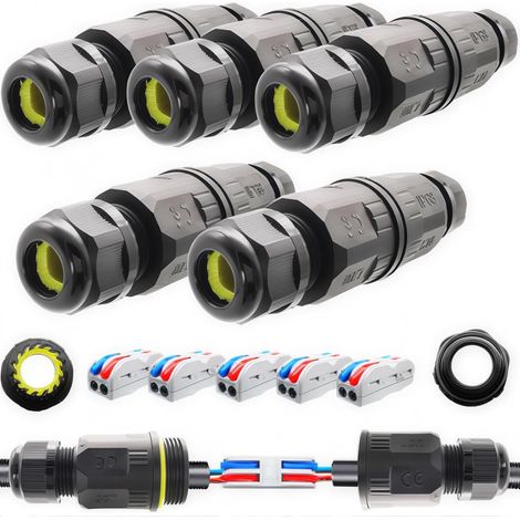Connecteurs fils étanches extérieurs, Boîte jonction IP68 (AWG20-12 L/N 2 in 2 out) Connecteurs de fils à emboîter adapté pour diamètre de câble Ø6-9 mm Lot de 5 Pour câblage extérieur (1/5)