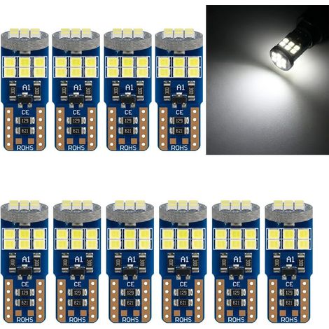 10 Pièces Ampoule W5W LED T10 6500K Blanc Pur, CANBUS Sans Erreur, Éclairage Intérieur Voiture, Plafonnier, Feux de Position, Plaque d'Immatriculation, Coffre, Veilleuse, Haute Luminosité (1/5)
