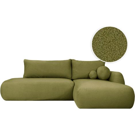 Canapé d'angle convertible FABIO 5 places en tissu bouclette - Angle Droit - Vert kaki (1/5)