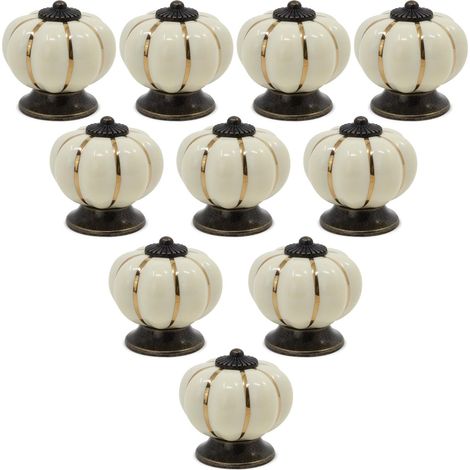 Lot de 10 boutons de placard en céramique style vintage européen en forme de citrouille pour commode, armoires et tiroirs, beige (1/5)