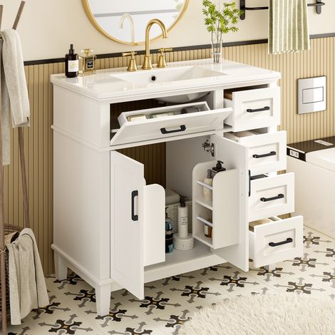 Meuble de salle de bain sur pied 90x46x87cm Laqué - Meuble sous vasque Céramique, Tiroirs Soft Close, Pieds Bois Massif et Poignées Noires - Blanc