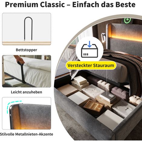 Lit double 180x200cm hydraulique design, tête de lit haute avec éclairage LED intégré, coffre de rangement spacieux, ports USB-C, gris lin moderne, sans matelas (1/5)