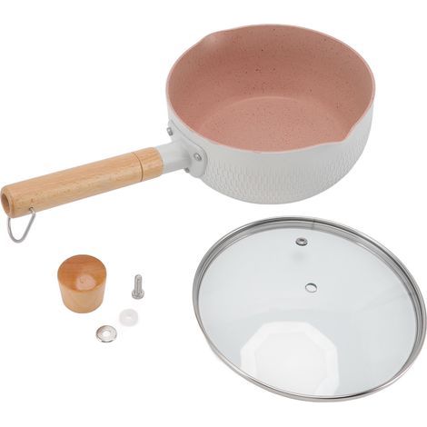 Casserole multifonctionnelle en alliage d'aluminium antiadhésif avec poignée en bois, compatible avec les plaques à induction et à gaz (blanche). (1/5)