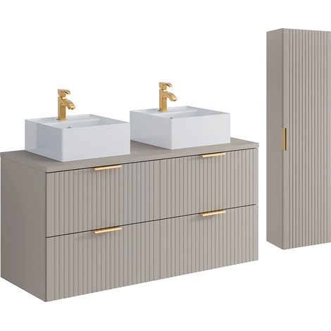 Mobile per bagno sospeso con scanalature con lavabo d'appoggio quadrato e colonna - Colore beige - 120 cm - ZEVARA (1/5)