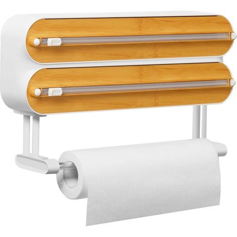 Distributeur Papier Aluminium et Film avec Port Essuie Tout - Magnétique et Murale Sans Percer, Derouleur Film Alimentaire avec Coupeur Pour Cuisine Organisée, Support Sopalin 3-en-1, Naturel (1/5)