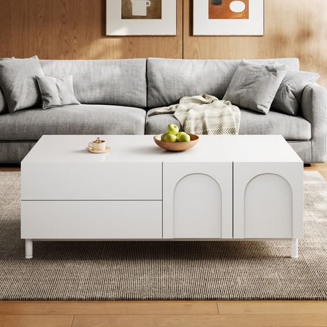 Table basse rectangulaire salon 100x50x39,5 cm avec portes cintrées, structure aggloméré MDF, pieds tubes acier, meuble de rangement, blanc (1/5)