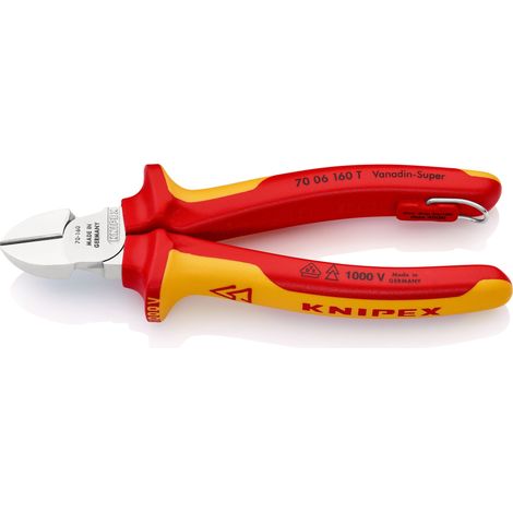 KNIPEX 70 06 160 T BK Alicate de corte diagonal Aislado con fundas multicomponente, homologado por VDE con anilla de fijación aislada e integrada para colocar una protección anticaída cromado 160 mm (1/7)
