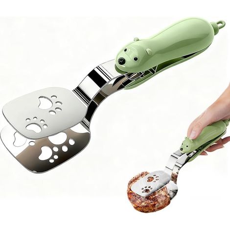 Spatule 2 en 1 antidérapante avec clip, en acier inoxydable, accessoire de barbecue pour steak, poisson, pain et pizza. Compatible avec les ustensiles de cuisine courants. Verte. (1/5)