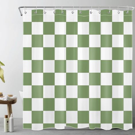 Plaid Vert et Blanc Rideaux de Douche 180x180cm Géométrique Simple Rideaux de Bain avec Crochets,Art Décor Moderne À Carreaux Imperméable Polyester Anti Moule Salle de Bain Décor (1/5)