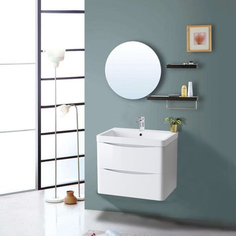 Bathroom Vanity Unit Basin Sink Wall Hung 2 Drawers Storage Cabinet 600mm Gloss White (1/5)