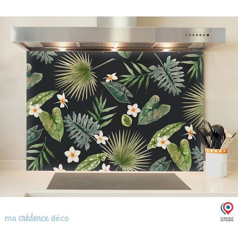 Fond de hotte : Feuilles tropicales et aquarelle - Verre trempé - 90 cm - 60 cm (1/5)