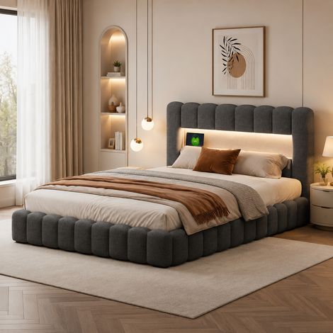 Lit coffre 160x200 cm avec led et usb, lit double avec rangement hydraulique, tête de lit rembourré, cadre de lit adulte avec sommier, gris lin (1/5)