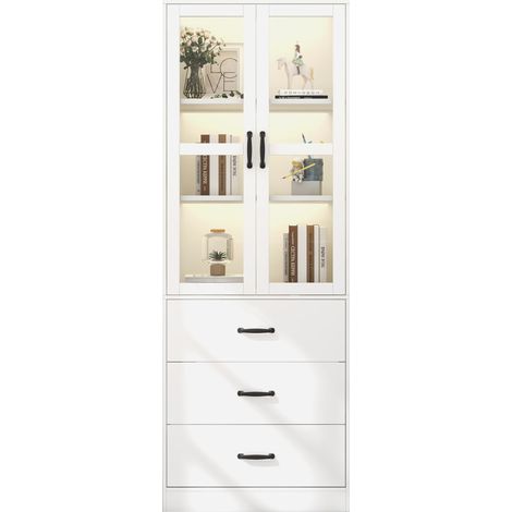CHICFURN Vitrina blanca alta con LED, 2 puertas de vidrio, 3 cajones, 2 estantes ajustables y tiradores negros, mueble expositor moderno para salón o comedor (1/5)