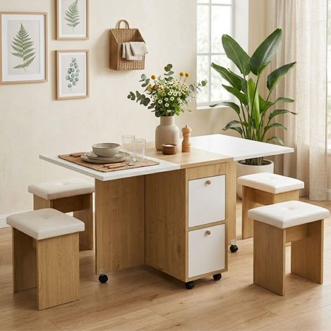 FurnitureR White Oak Foldable Dining Set 120x80cm with 4 Chairs (1/5)