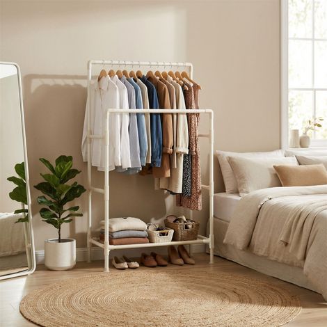 Portant à Vêtements Double Barre, Porte-manteau, Penderie, Organisateur, en Métal, avec Étagère de Rangement à 2 Niveaux, Charge 55 kg, Montage Facile, Blanc