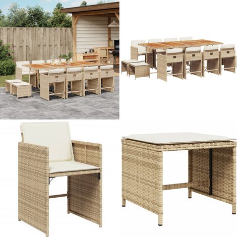 13-tlg. Garten-Essgruppe mit Kissen Beige Poly Rattan - Gartenmöbel Set - Gartentisch - Gartenstühle - Gartenhocker - Rattan Möbel - Home & Living