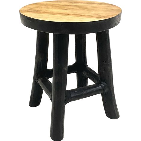 Teak Blumenhocker 17 x 15 cm rund - schwarz / klein - Holz Pflanzen Hocker mit 4 Füßen - Echtholz Deko Massivholz Blumen Pflanzen Ständer