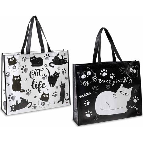 Borse / shopping bag riutilizzabile in poliestere rigido con stampa gatti, set da 10 pezzi, cm 45x11x36 H (con manici 56)