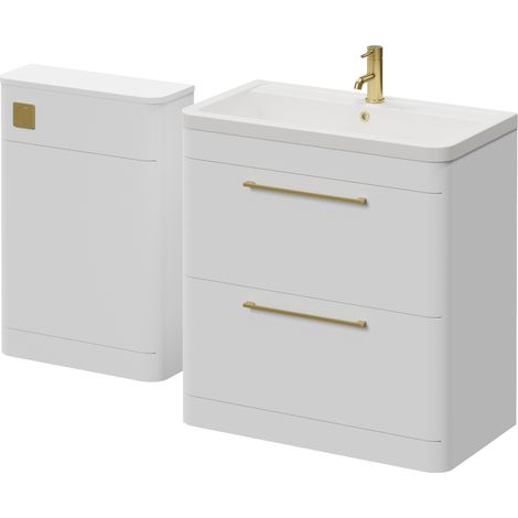 Oslo Gloss White 1350mm Vanity Unit Toilet Suite with Leni Basin - 1350mm - Brushed Brass 320mm HandleWithout Jubilee Toilet Pan