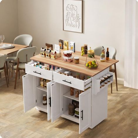 Îlot de cuisine roulant avec table pliante blanc et bois en MDF (1/5)