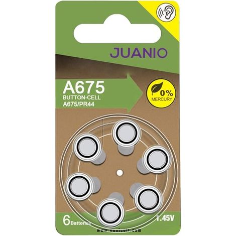 Lot de 6 Piles bouton Zinc Air 1,45V type A675/675 compatibles PR44 pour appareils auditifs - Juanio - (1/2)