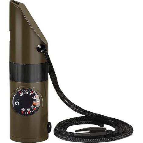 Überlebenspfeife, 7-in-1-Notfallpfeife, Outdoor-Notfallpfeife, Kompass, Thermometer, Taschenlampe, Lupe mit Trageschlaufe, multifunktionale Notfallpfeife für Wandern, Camping und Abenteuer (1/5)